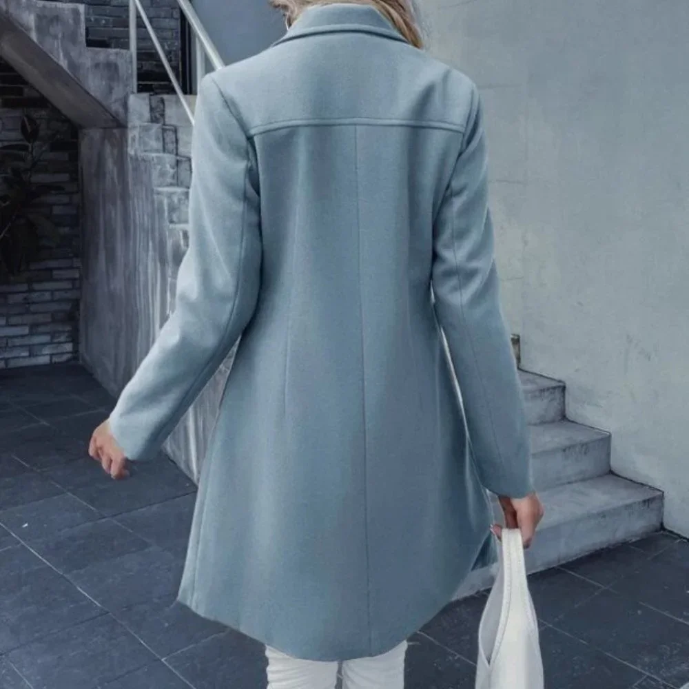 Double Breasted Lapel Collar Button Up pocketed Overcoat Blue - Picture 5 of 8